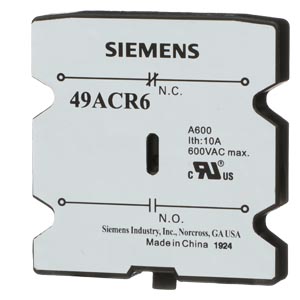 Siemens 49ACR6 Auxiliary Contact, 600VAC, 25 to 60A, 1NO & 1NC, Side Mount